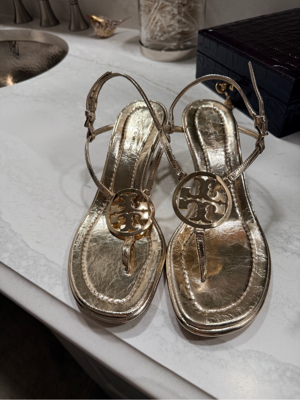 Tory Burch Gold Miller Metallic Leather Thong Sandals